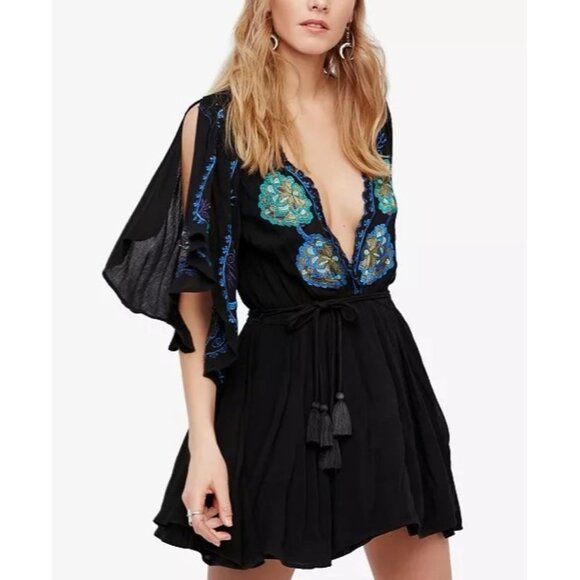 Free People Cora Embroidered Black Mini DressSz M Fairy Goth - Picture 1 of 10